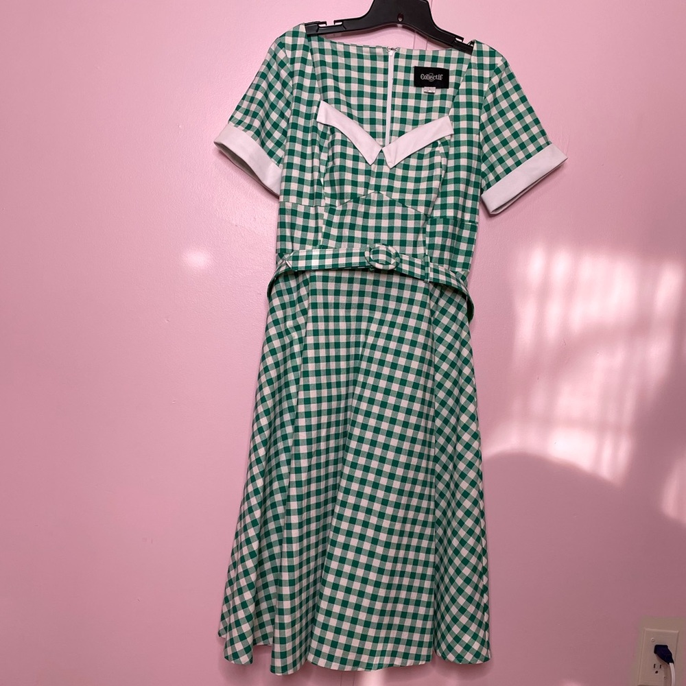 Green Gingham Collectif Swing Dress with Belt